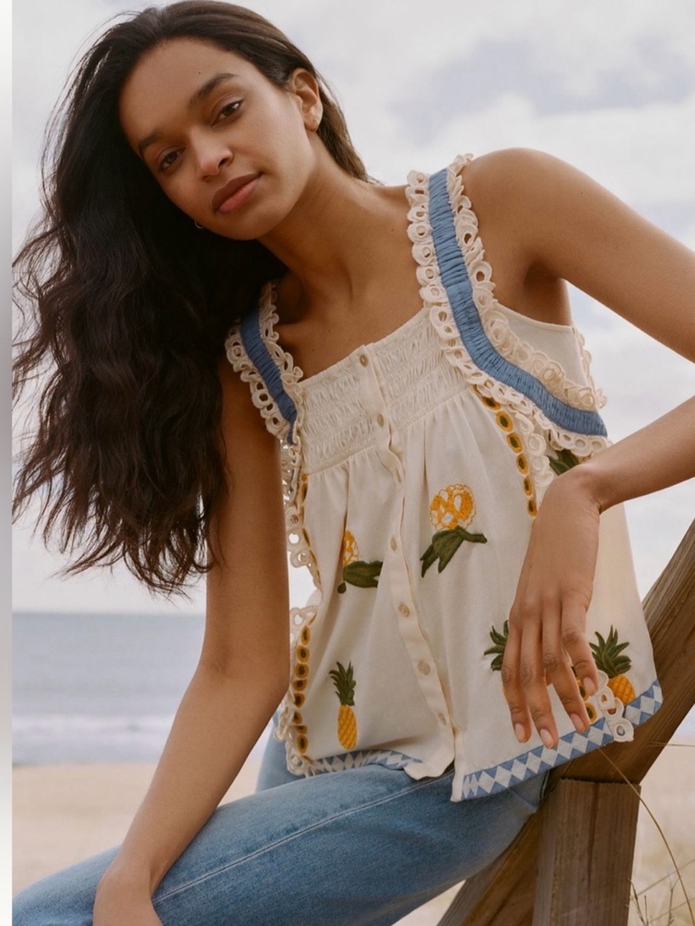 Anthropologie Boho Pineapple Embroidered Tank Top - Cream size XS